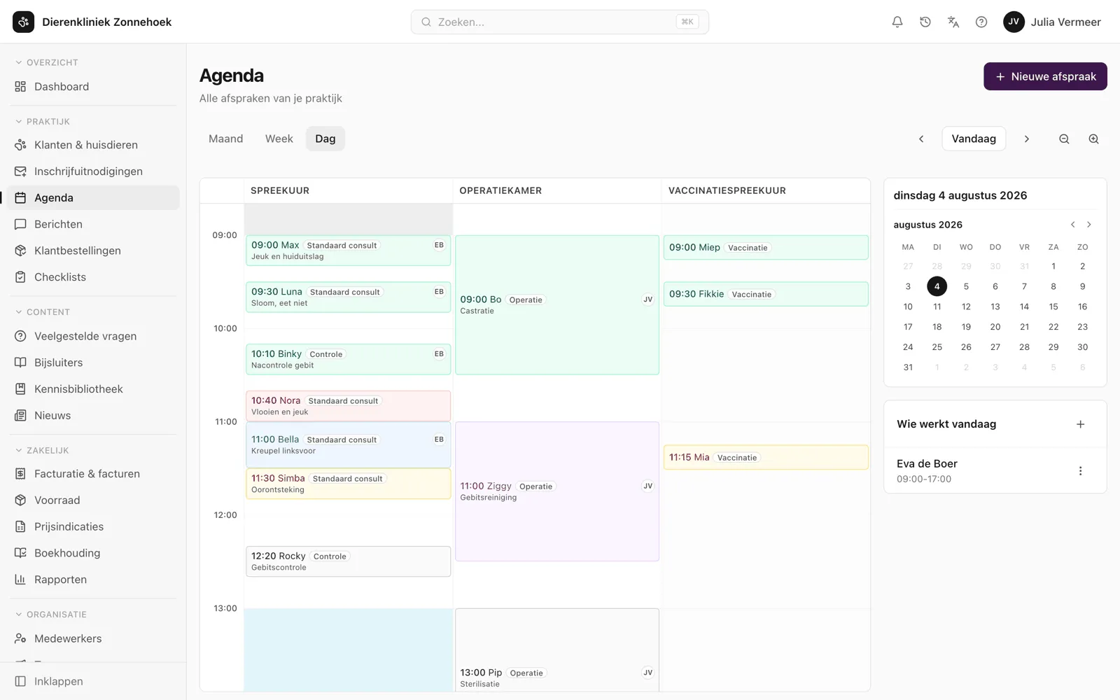 The Zoravet clinic portal showing the day's appointments colour-coded by status.