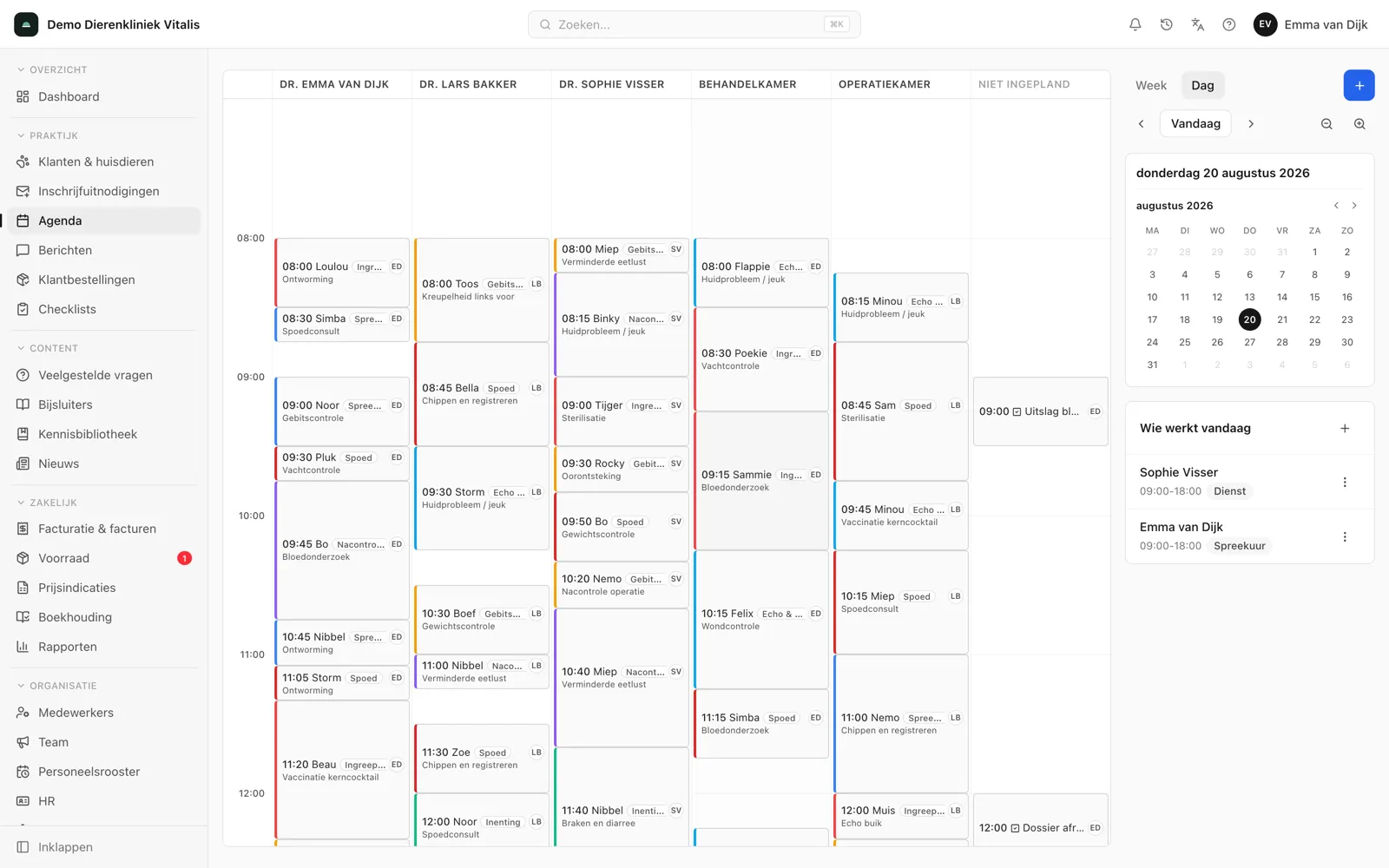 The Zoravet clinic portal showing the day's appointments colour-coded by status.