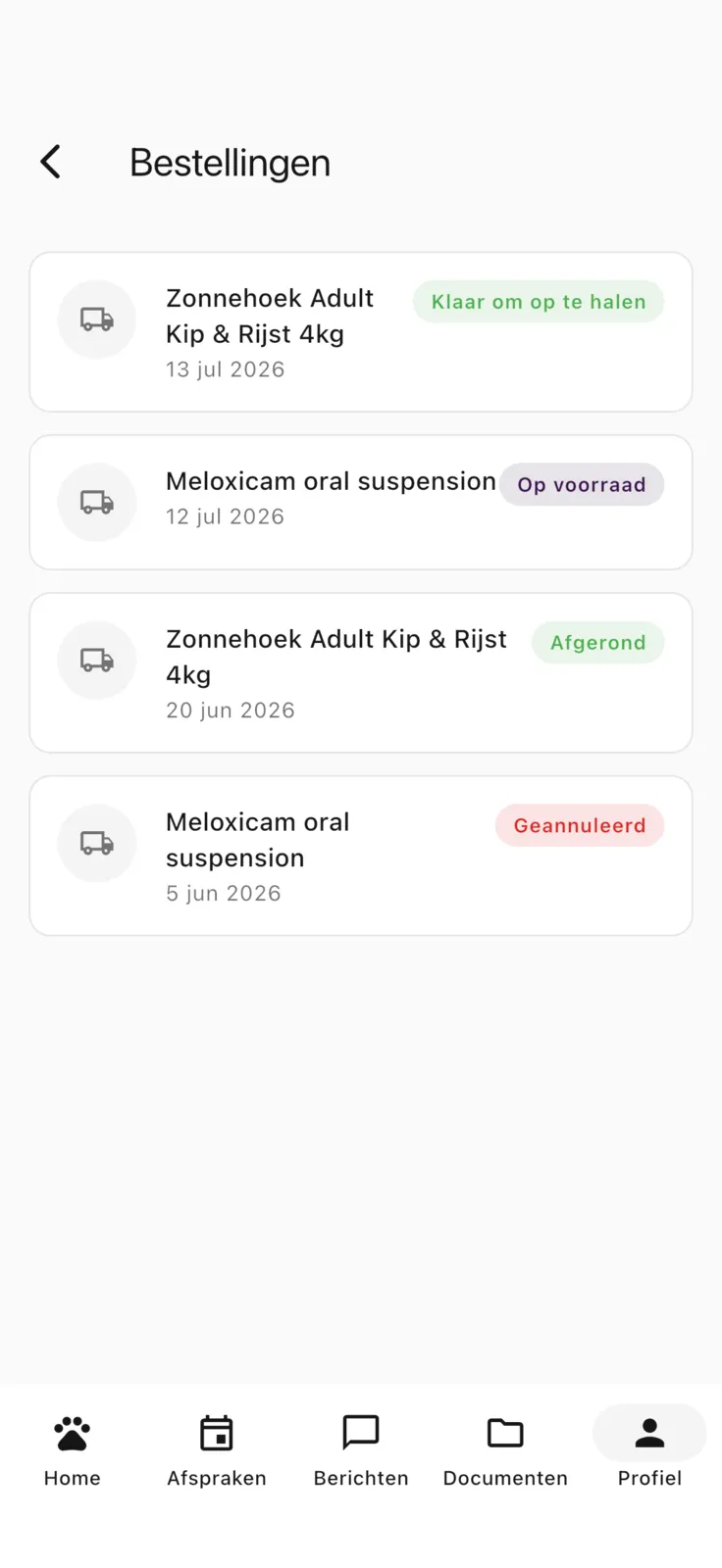 Orders screen in the Zoravet app.