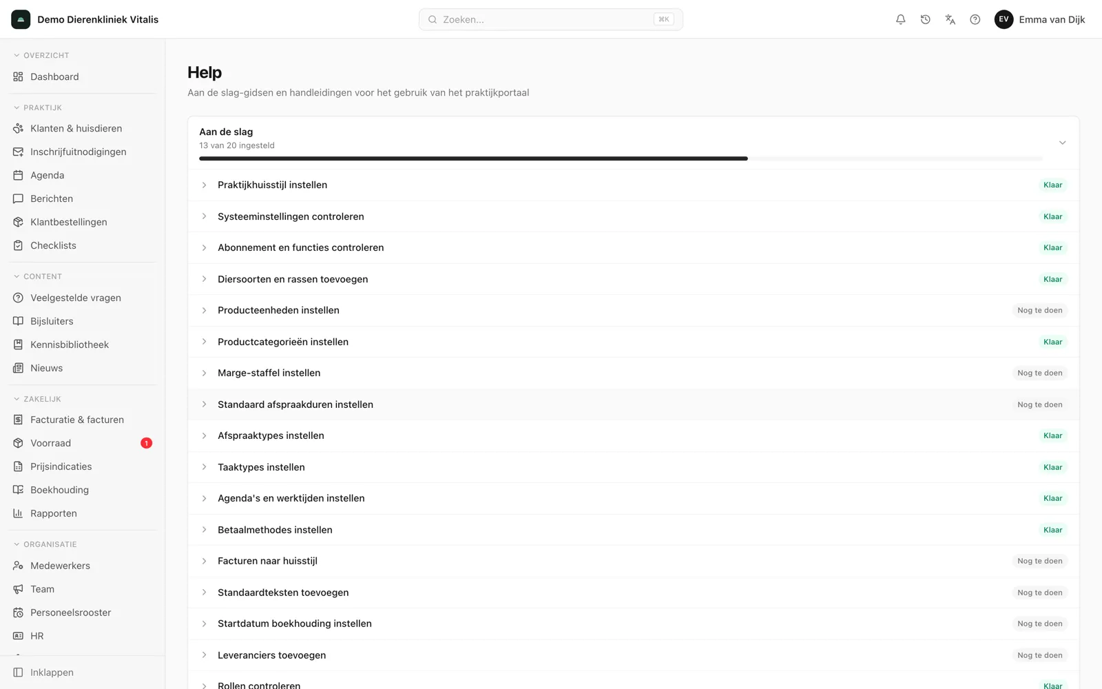 The getting-started checklist in the clinic portal, with a status for each step.