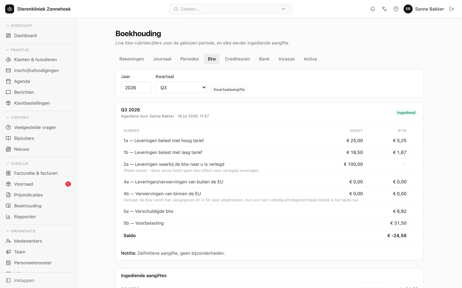 Quarterly VAT return overview with the standard Dutch return boxes.